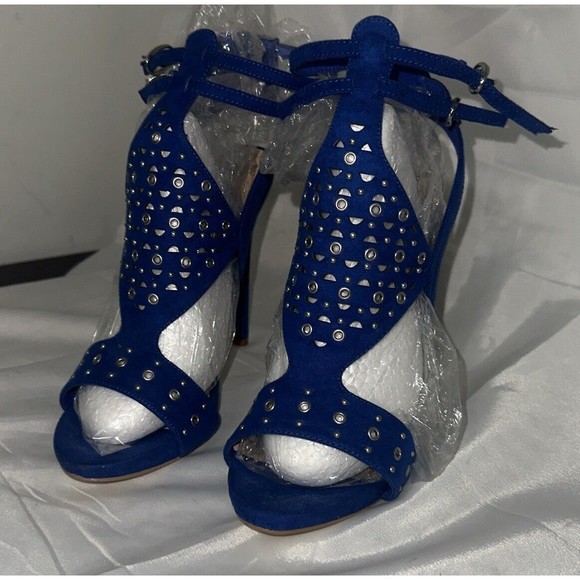 Just Fab Women's Size 8.5 Platform Stiletto 5in Heels Blue Silver Design Straps - Picture 2 of 16